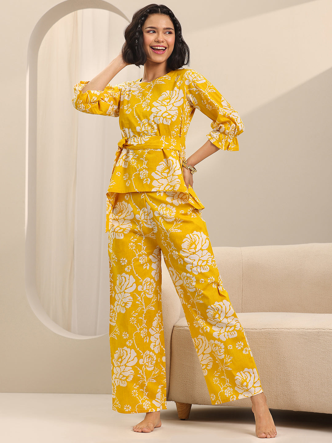 Yellow Printed Cotton Night Suits