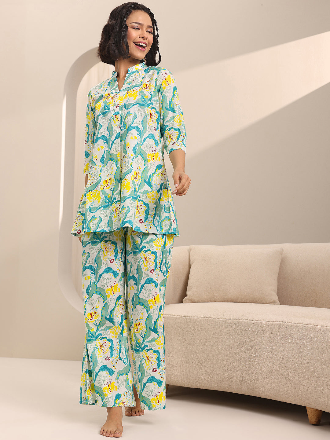 Off white Printed Cotton Night Suits