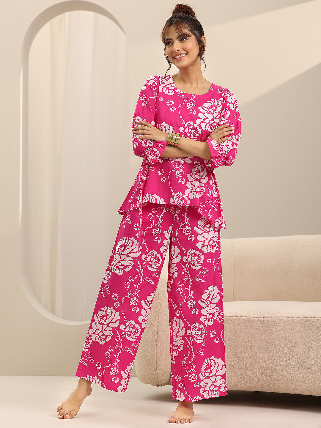 Pink Printed Cotton Night Suits