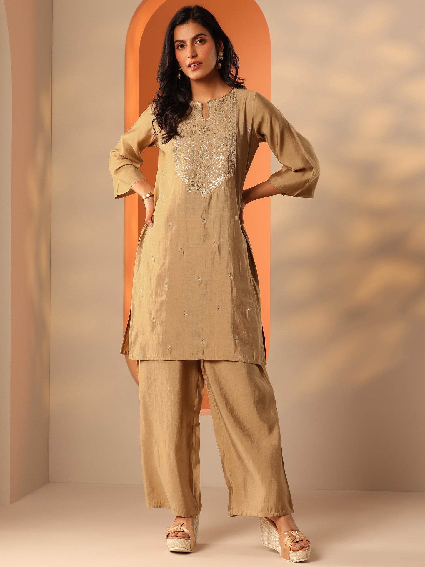 Beige Yoke Design Silk Blend Straight Kurta Set