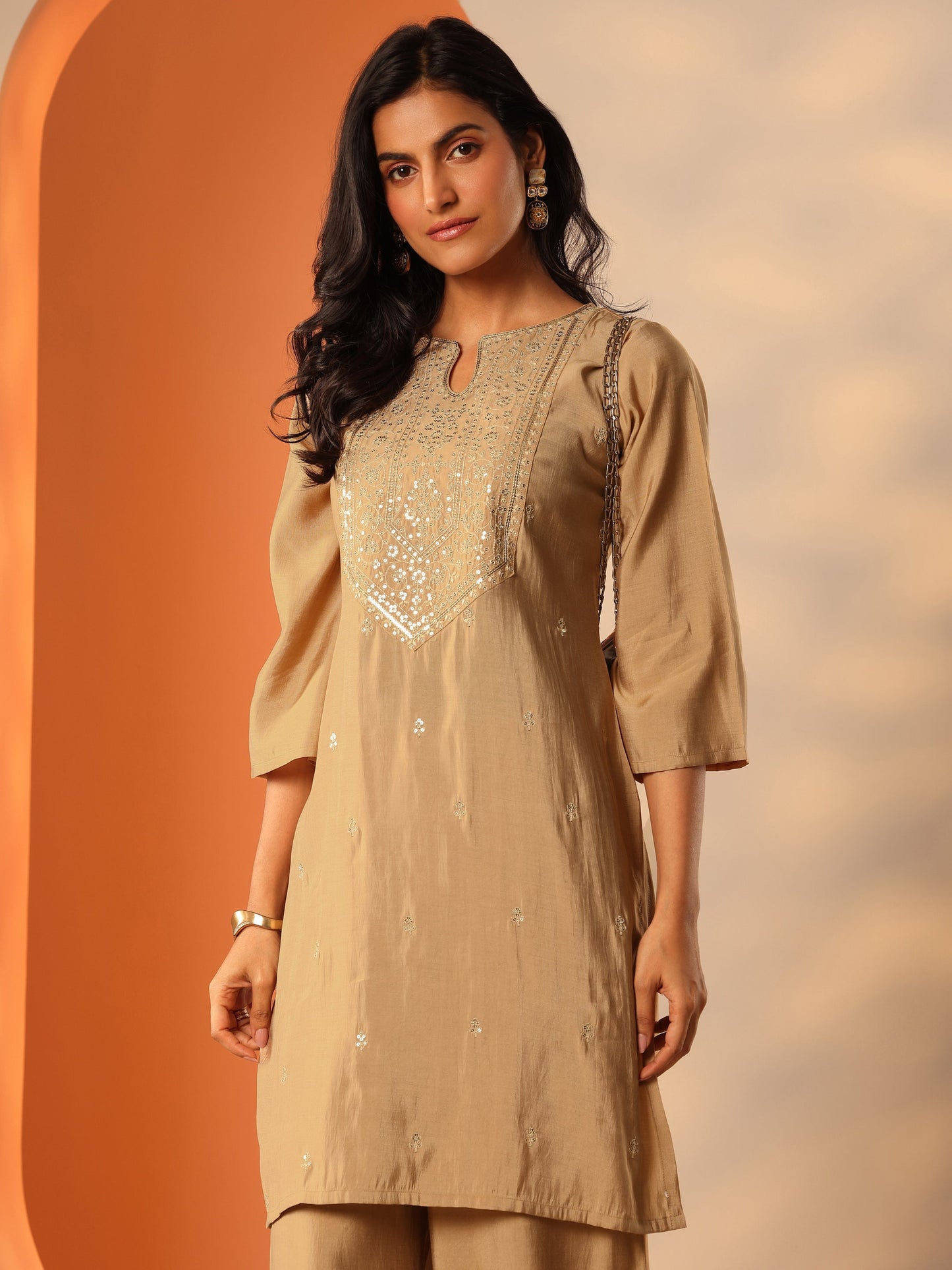 Beige Yoke Design Silk Blend Straight Kurta Set