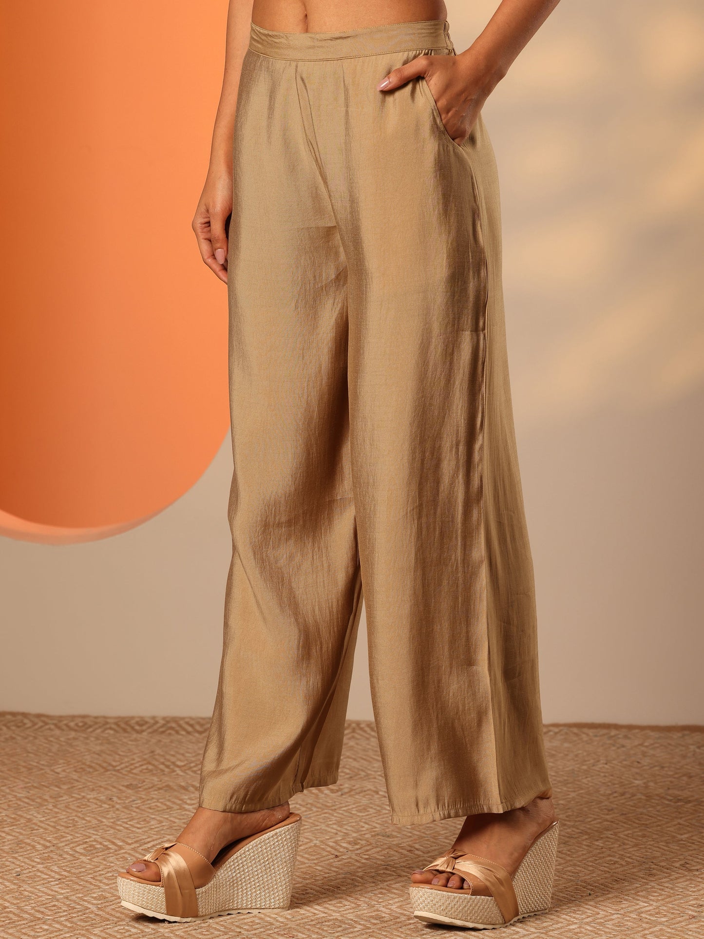 Beige Yoke Design Silk Blend Straight Kurta Set