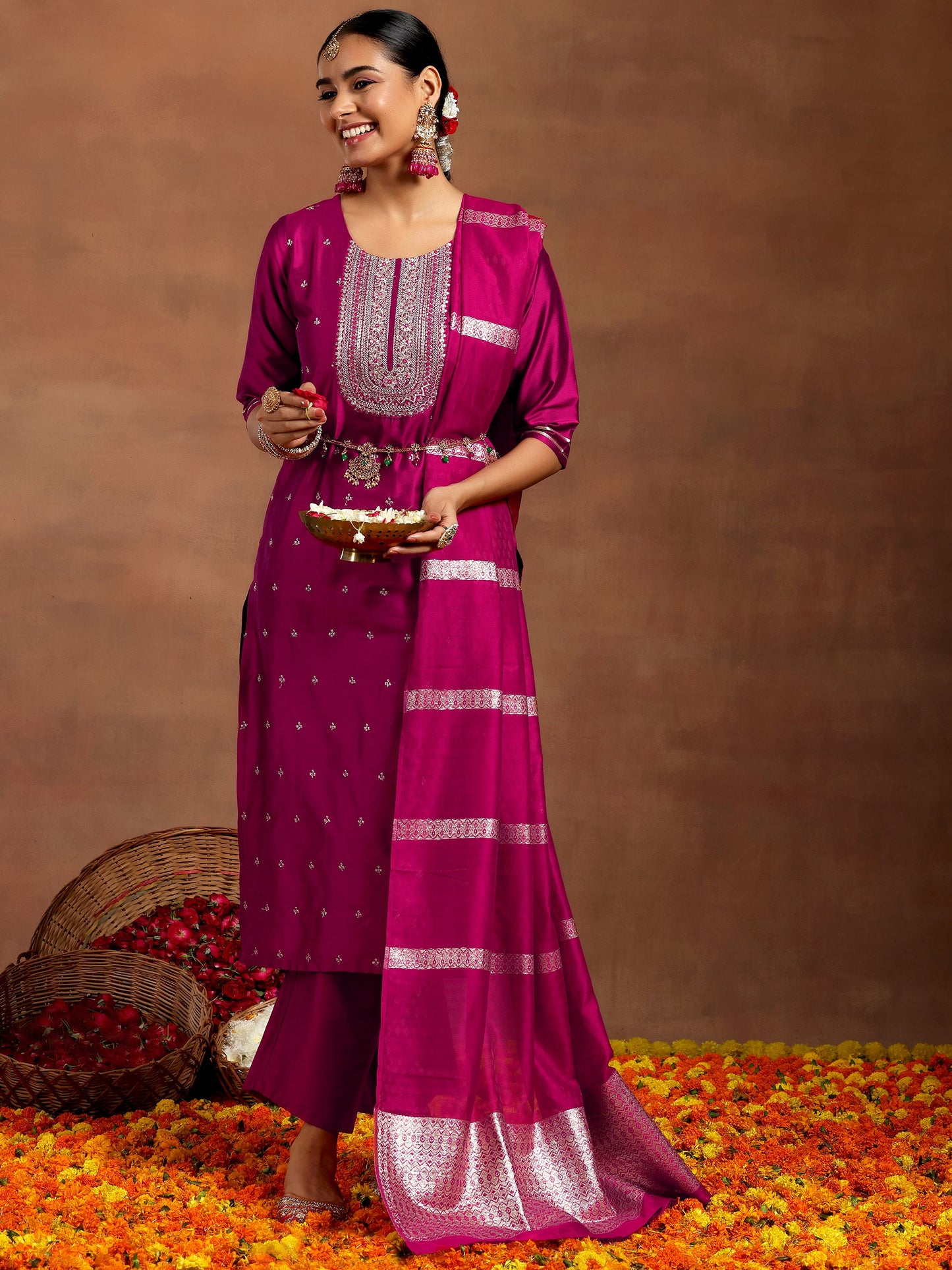 Pink Embroidered Silk Blend Straight Suit With Dupatta