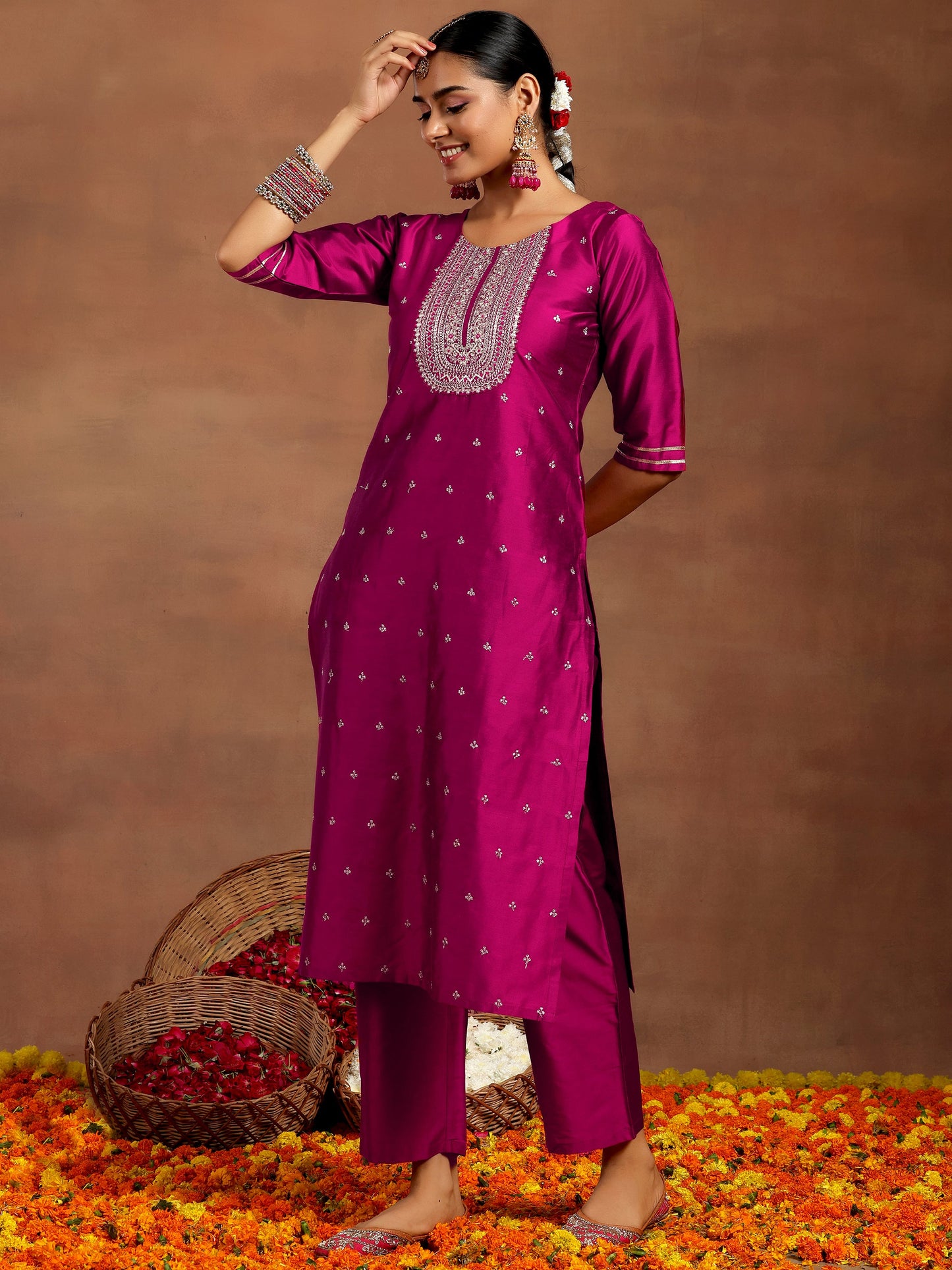 Pink Embroidered Silk Blend Straight Suit With Dupatta