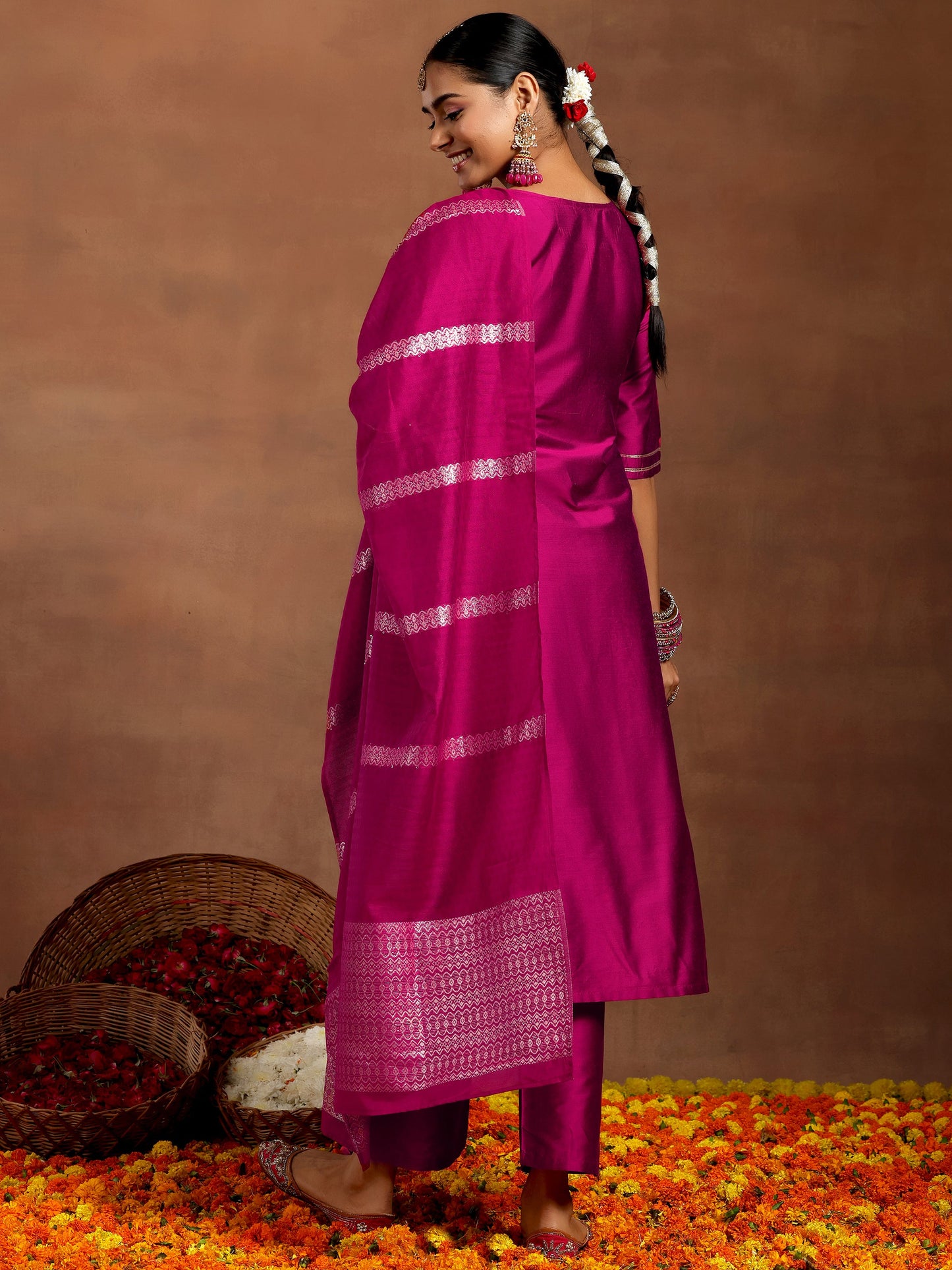 Pink Embroidered Silk Blend Straight Suit With Dupatta