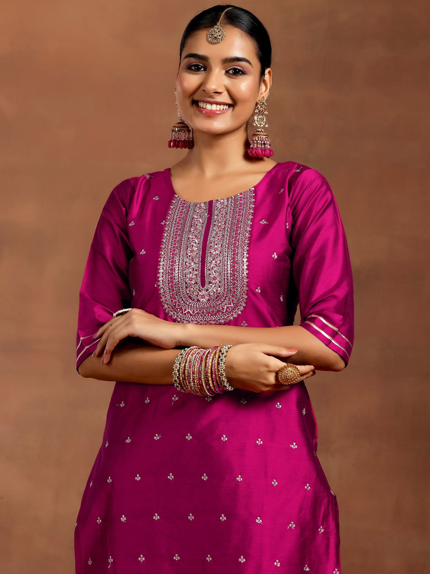 Pink Embroidered Silk Blend Straight Suit With Dupatta