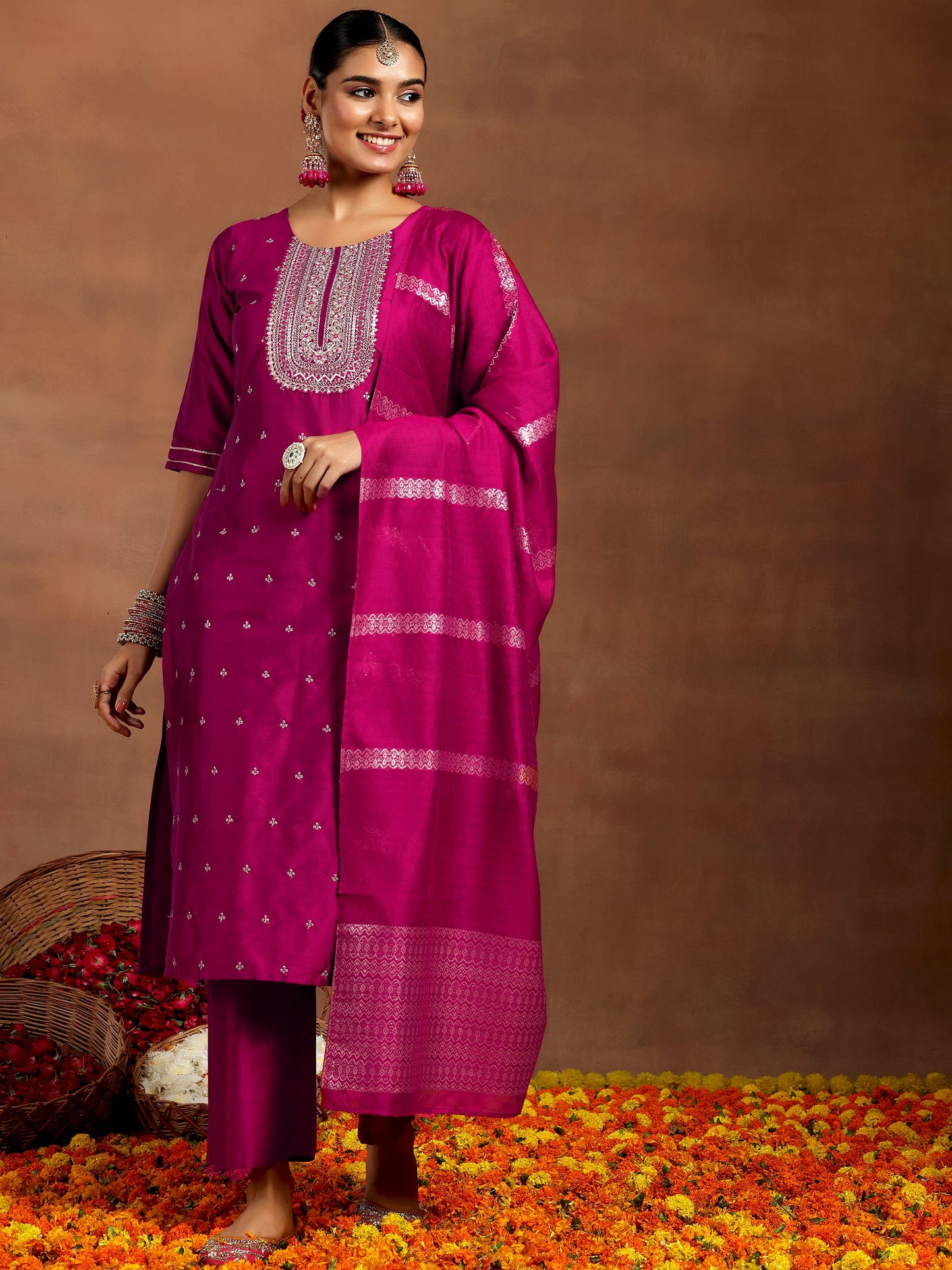 Pink Embroidered Silk Blend Straight Suit With Dupatta