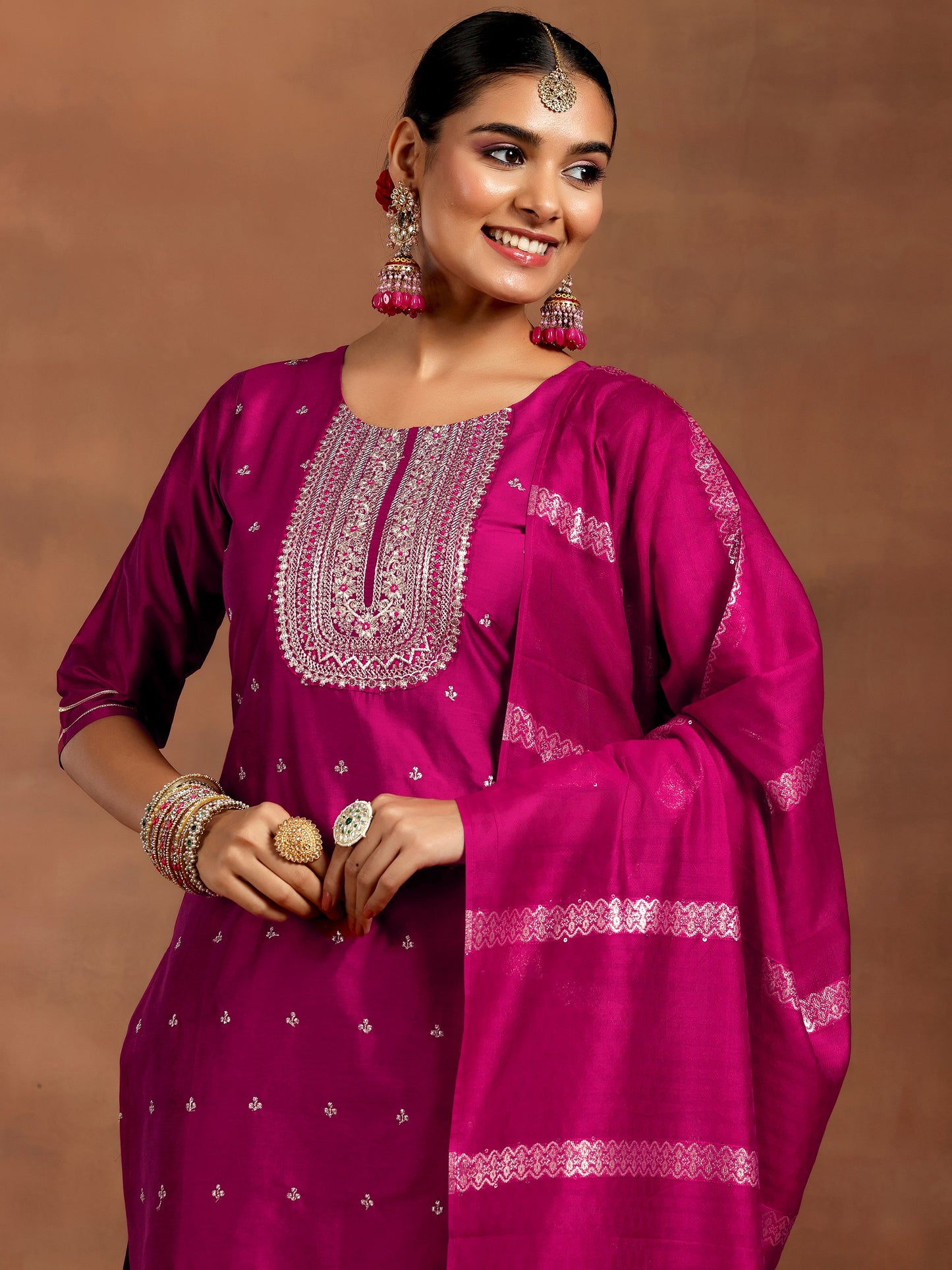 Pink Embroidered Silk Blend Straight Suit With Dupatta