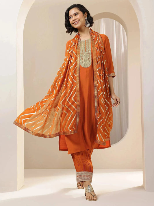 Rust Embroidered Silk Blend Straight Suit Set With Dupatta