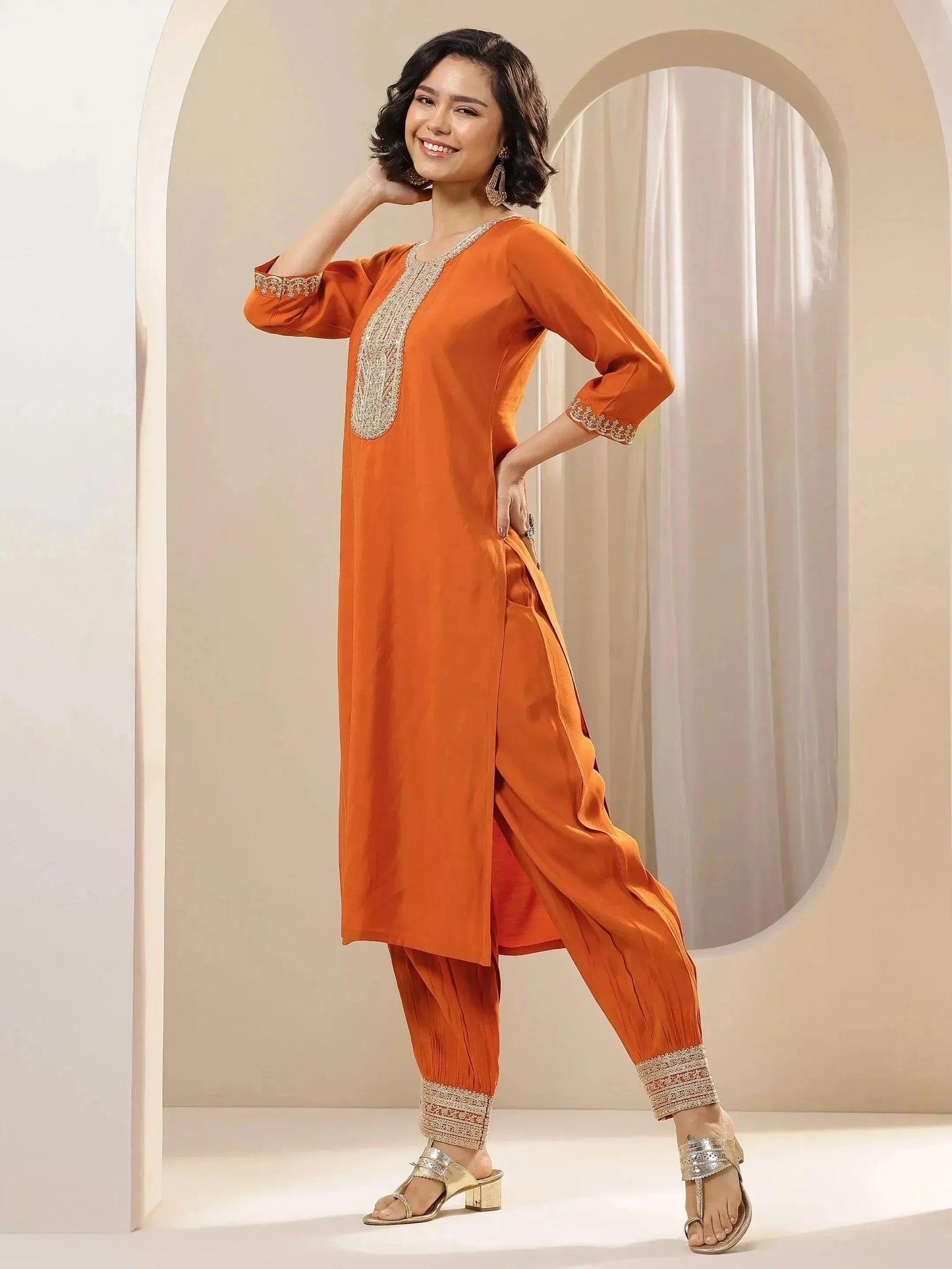 Rust Embroidered Silk Blend Straight Suit Set With Dupatta