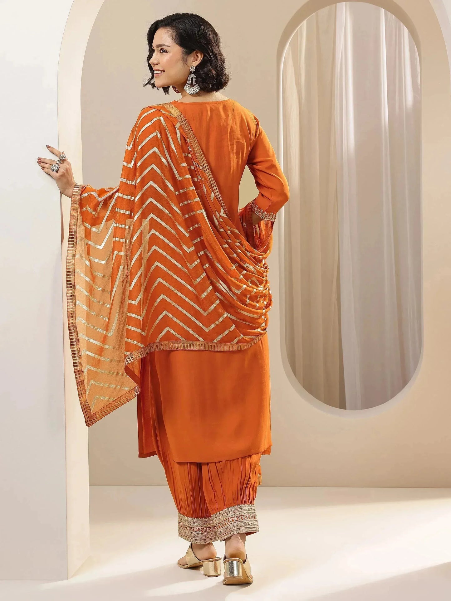 Rust Embroidered Silk Blend Straight Suit Set With Dupatta