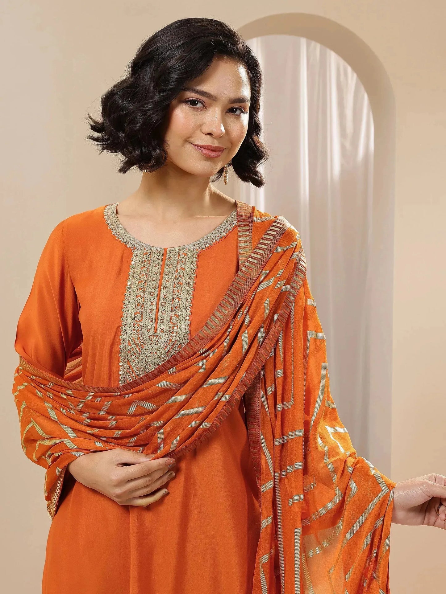 Rust Embroidered Silk Blend Straight Suit Set With Dupatta