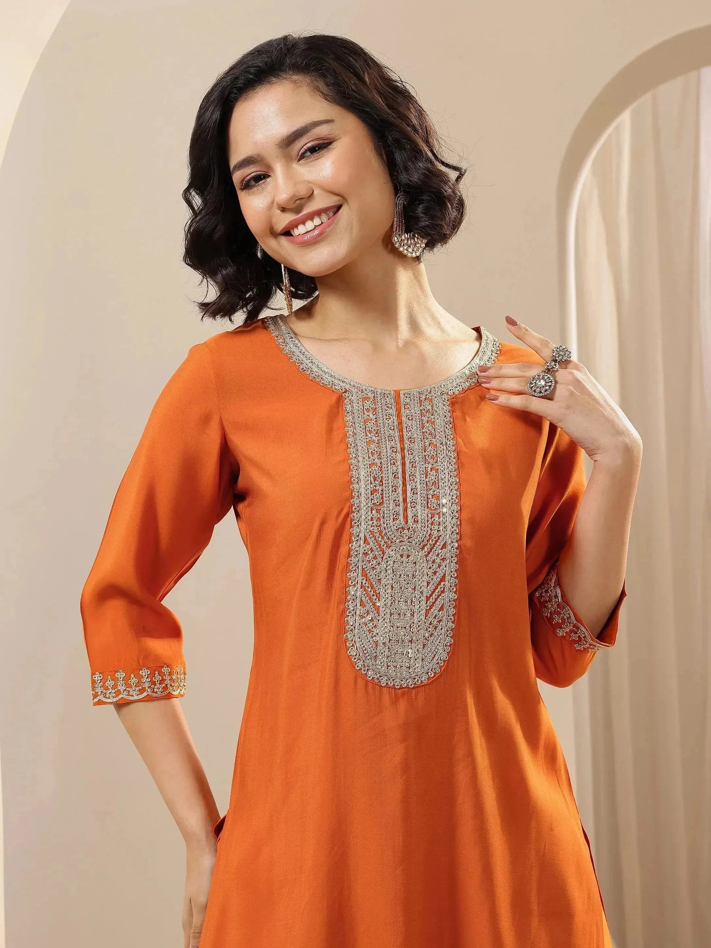 Rust Embroidered Silk Blend Straight Suit Set With Dupatta