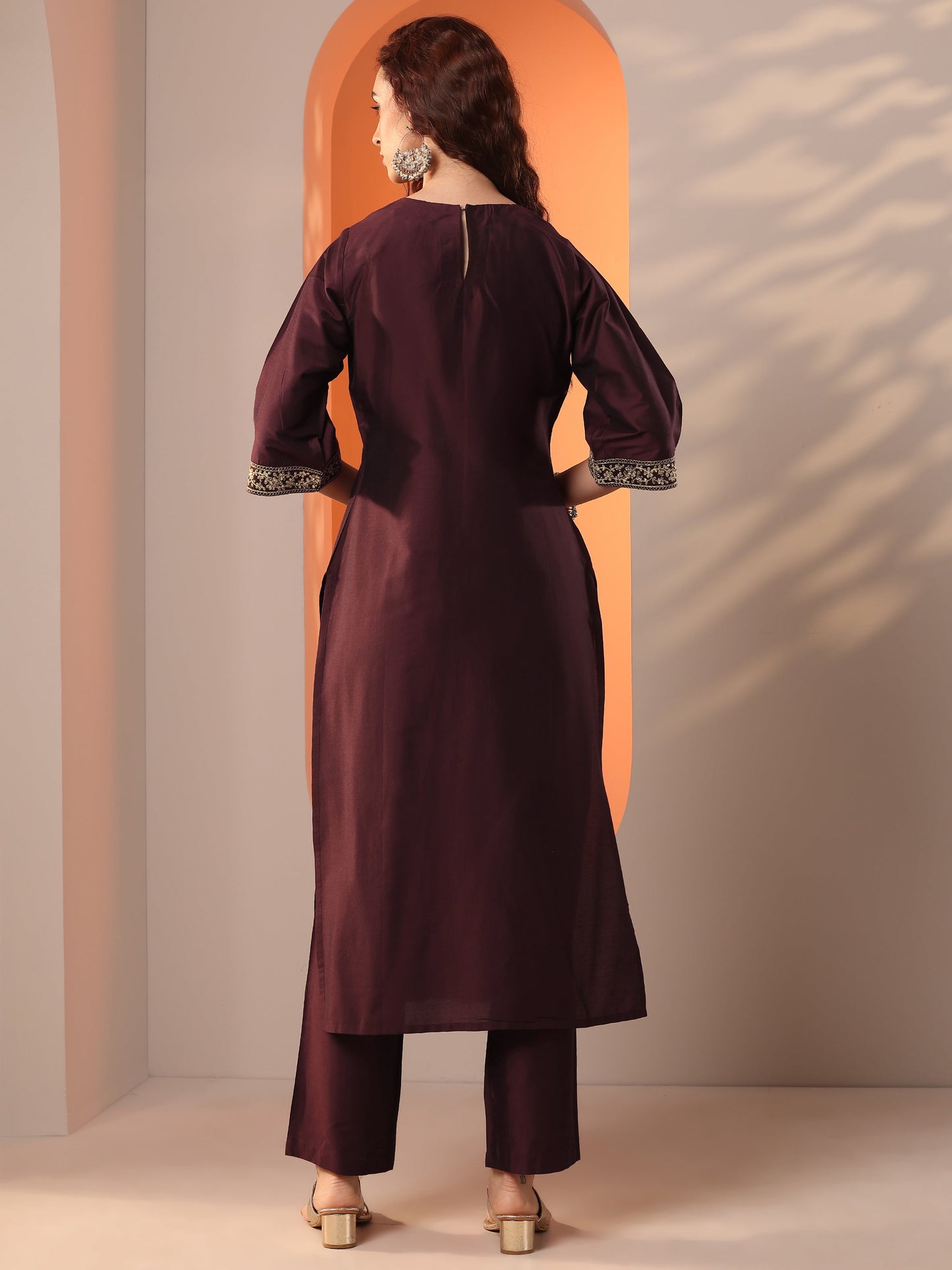 Burgundy Embroidered Silk Blend Straight Kurta Set