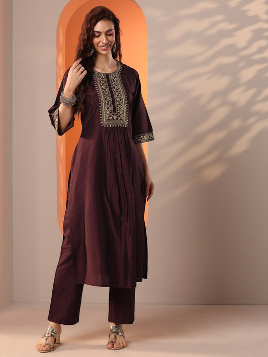 Burgundy Embroidered Silk Blend Straight Kurta Set