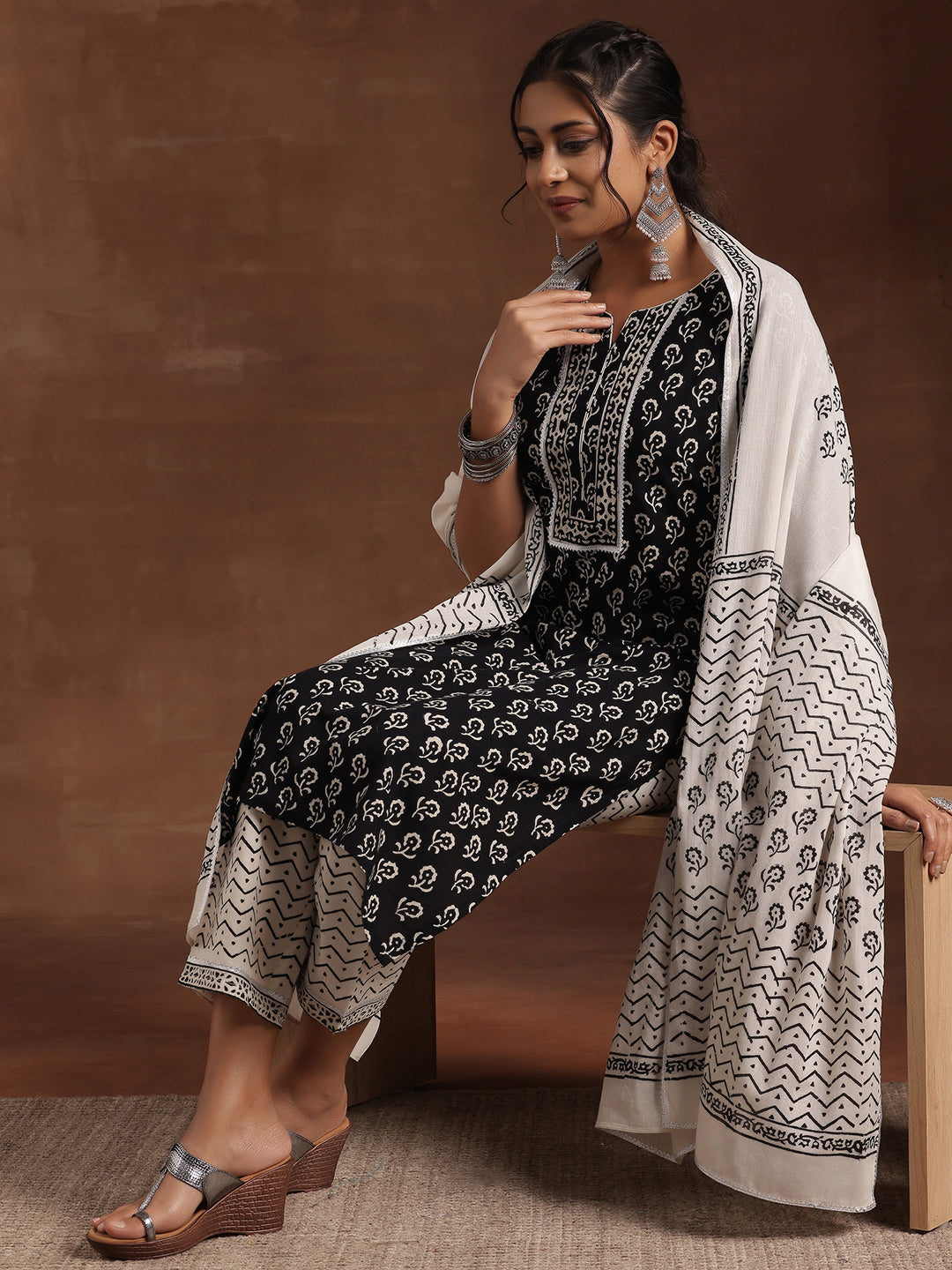 Black Printed Cotton Straight Suit Set With Dupatta