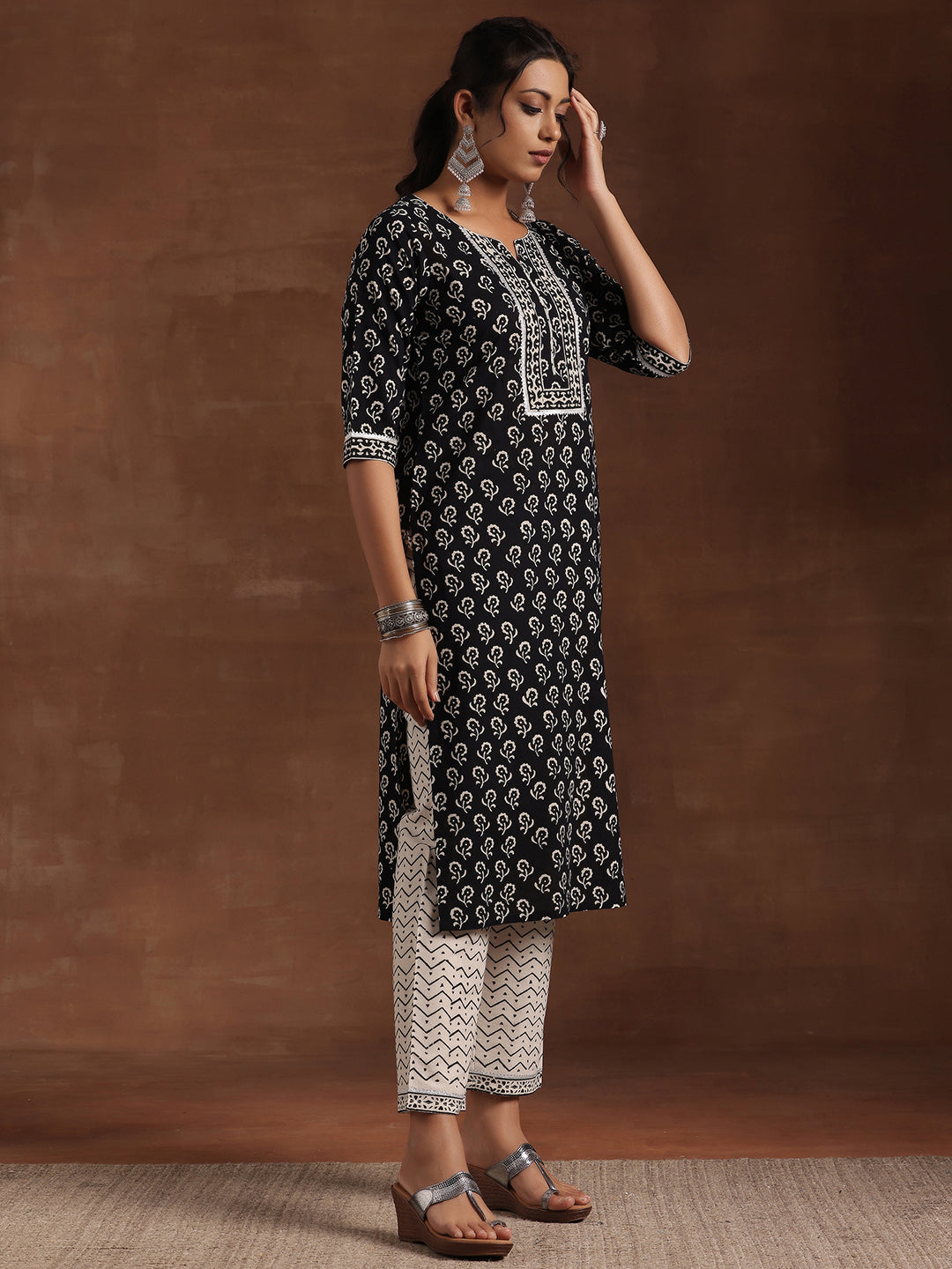 Black Printed Cotton Straight Suit Set With Dupatta