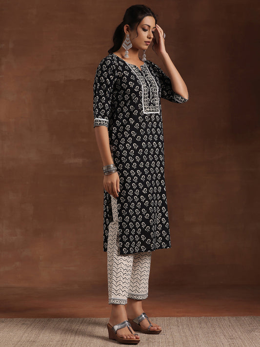 Black Printed Cotton Straight Suit Set With Dupatta