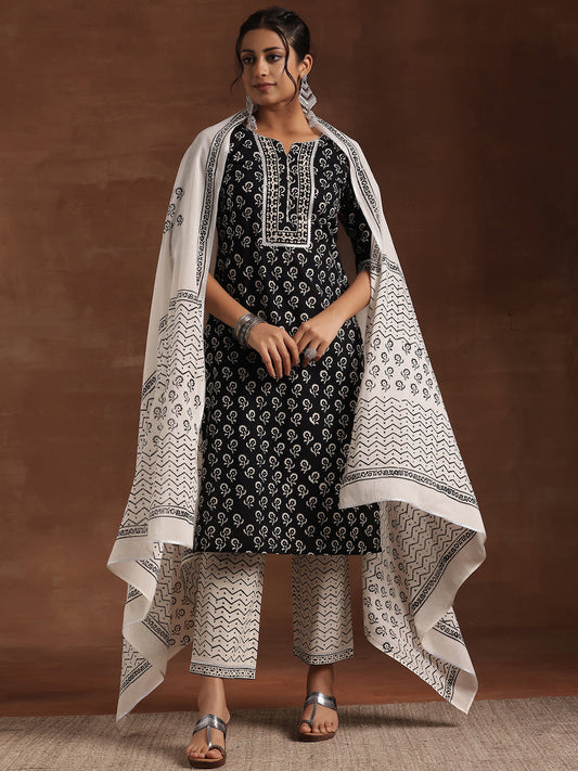 Black Printed Cotton Straight Suit Set With Dupatta