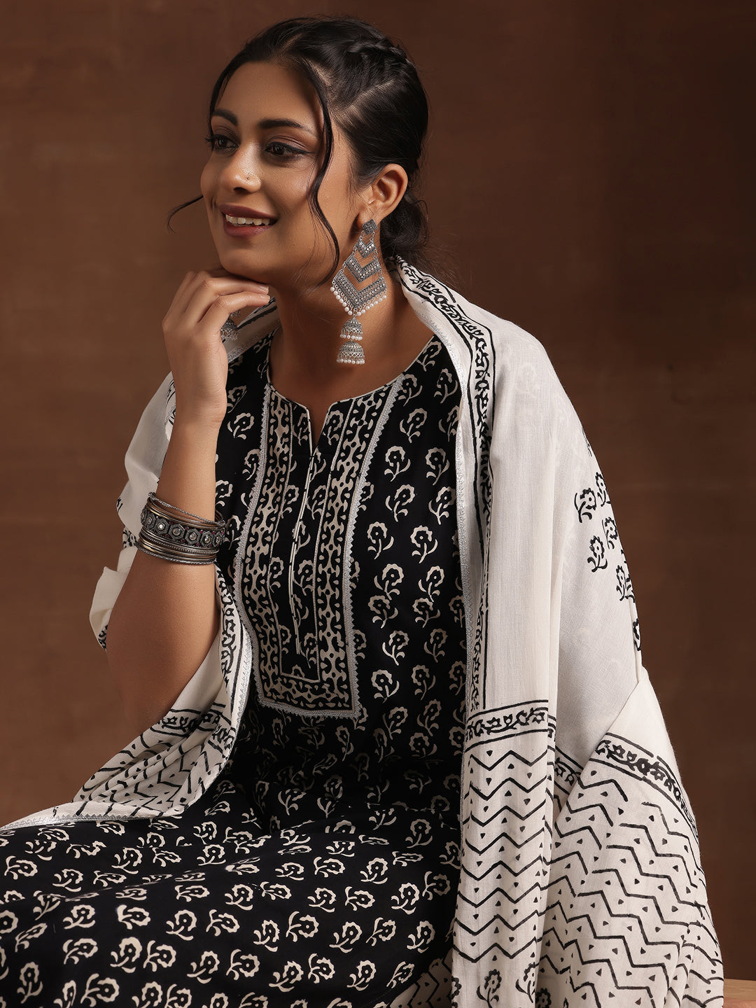 Black Printed Cotton Straight Suit Set With Dupatta