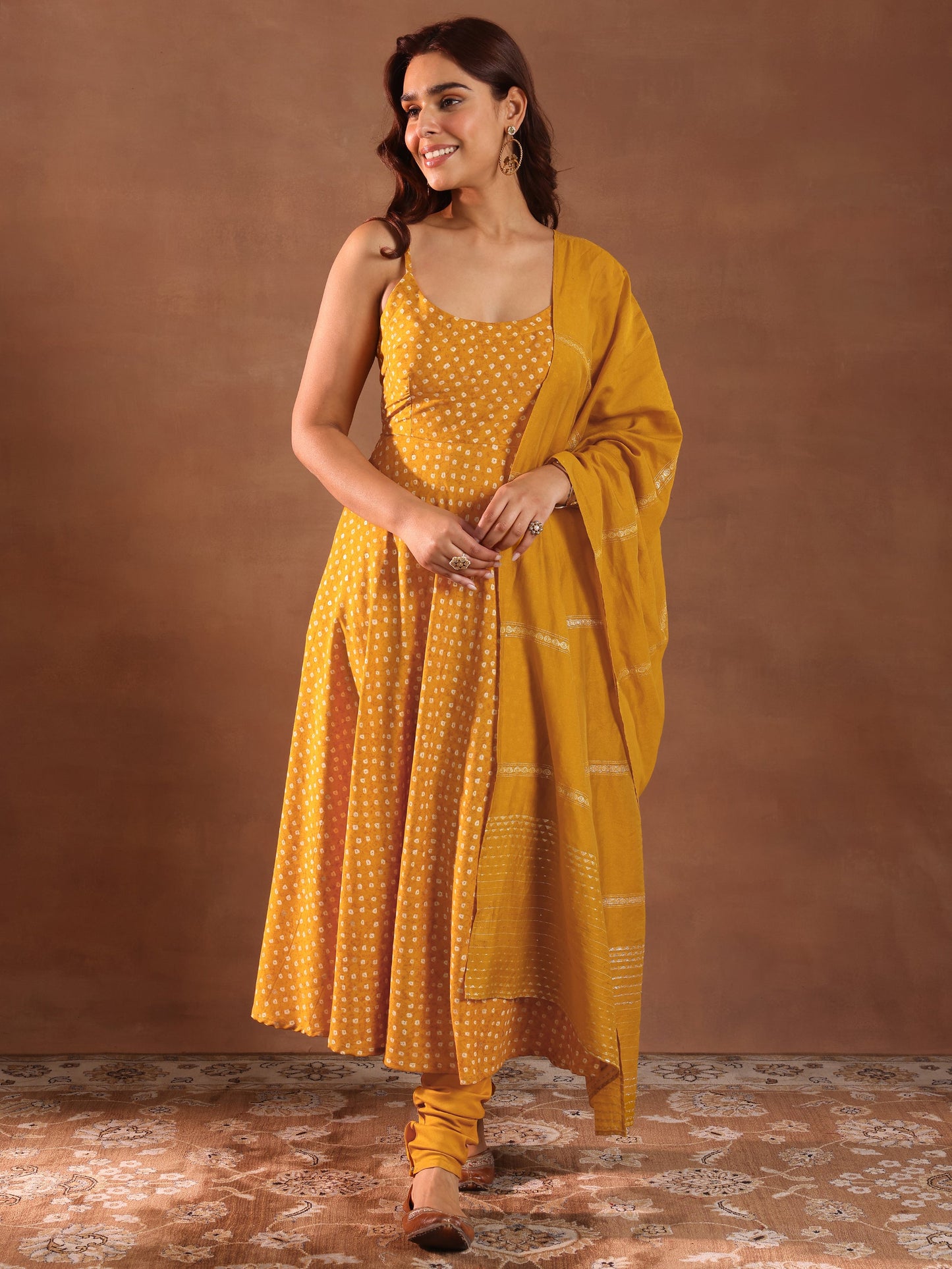Mustard Printed Rayon Anarkali Suit With Dupatta