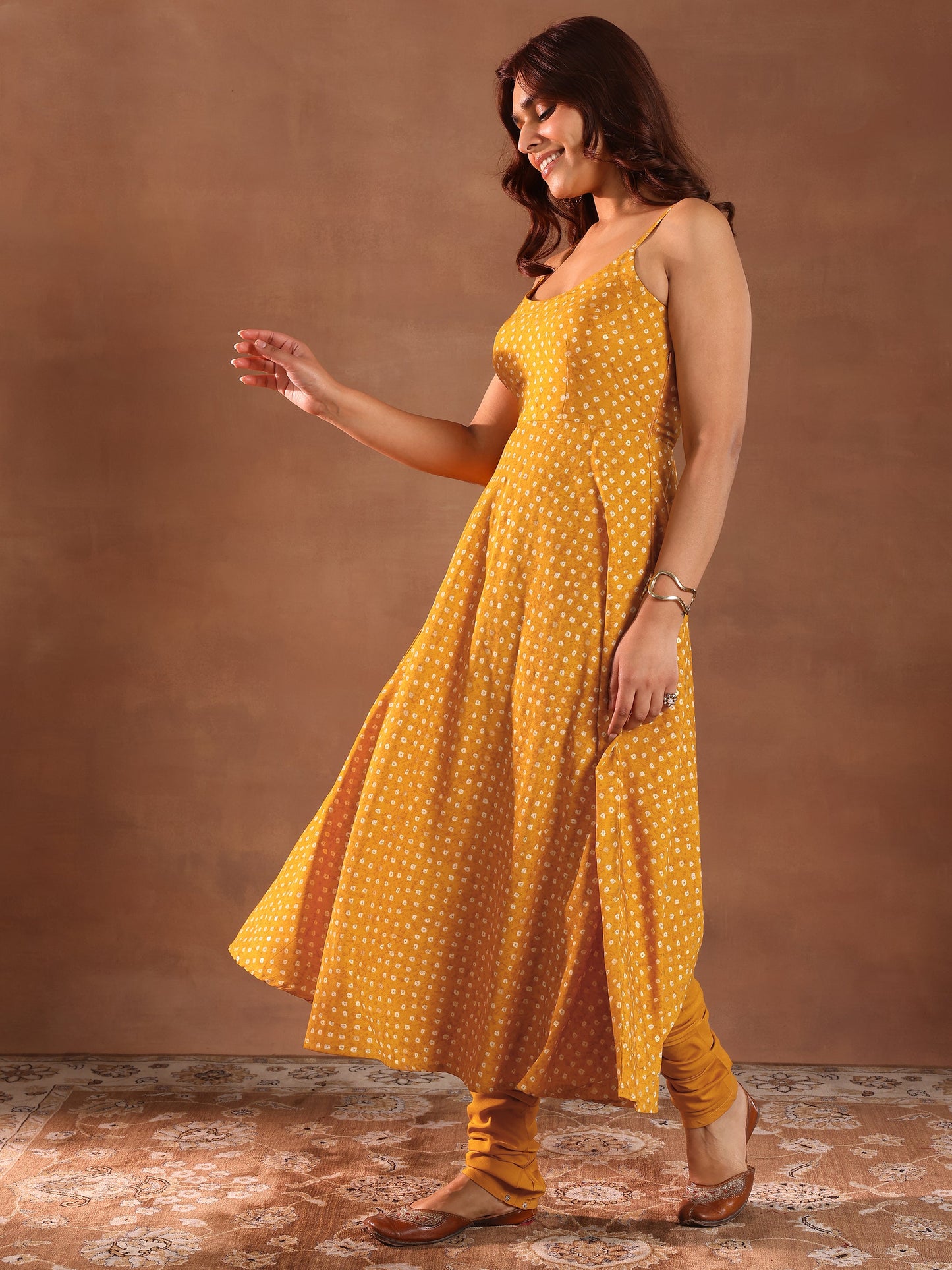 Mustard Printed Rayon Anarkali Suit With Dupatta