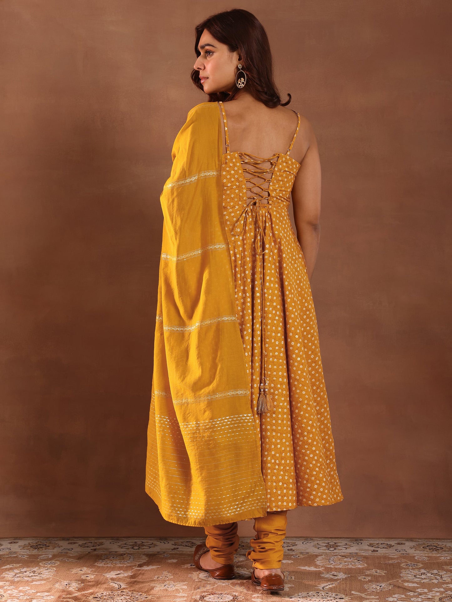 Mustard Printed Rayon Anarkali Suit With Dupatta