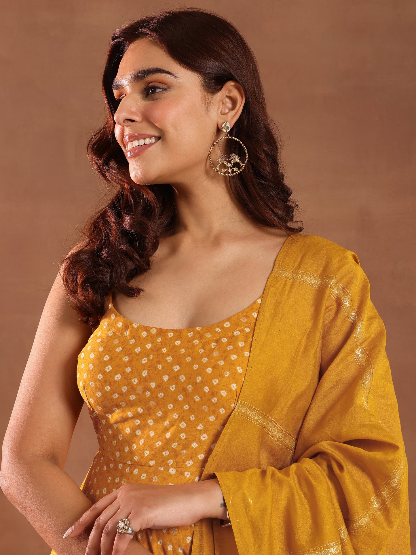 Mustard Printed Rayon Anarkali Suit With Dupatta