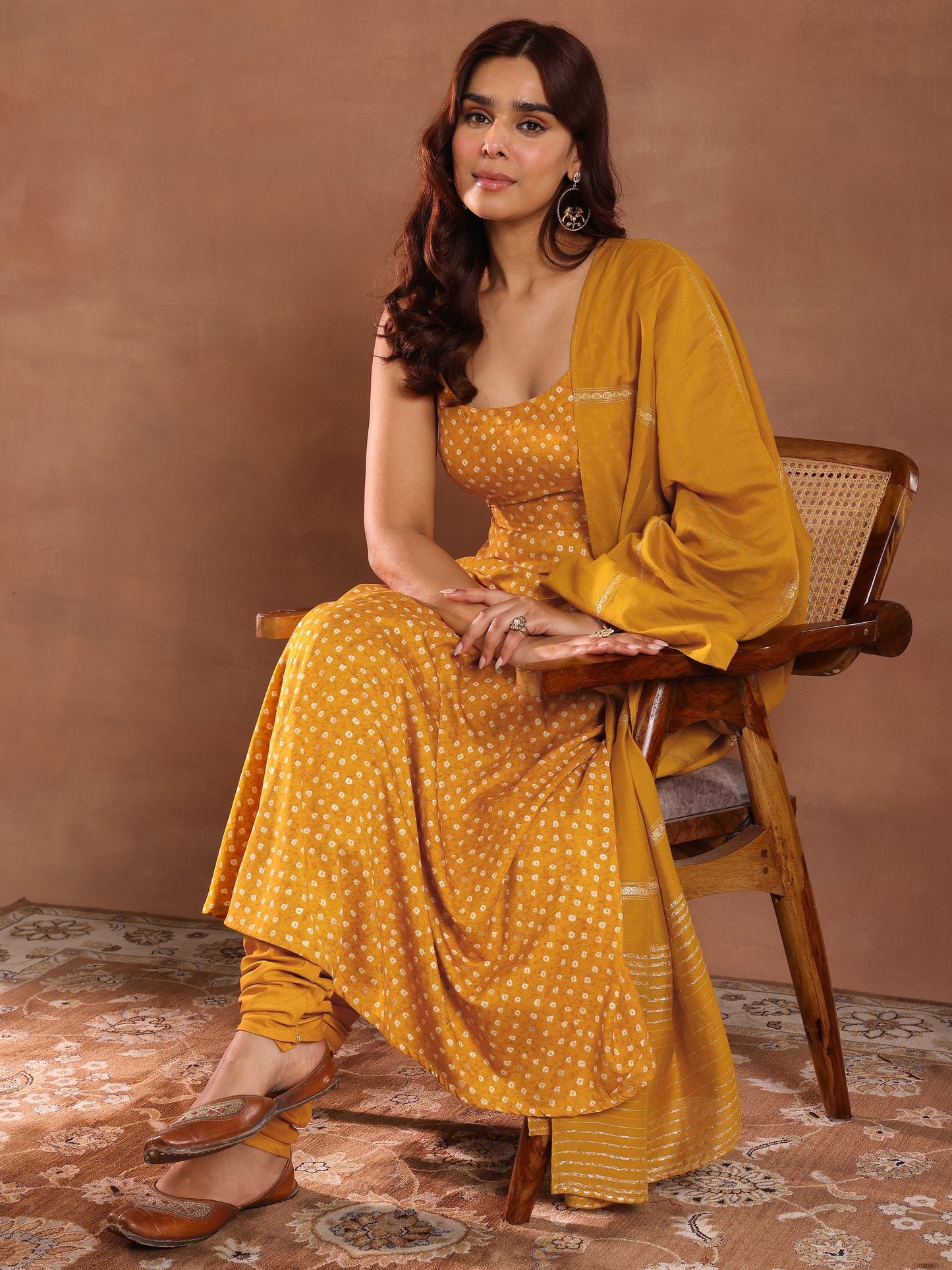 Mustard Printed Rayon Anarkali Suit With Dupatta