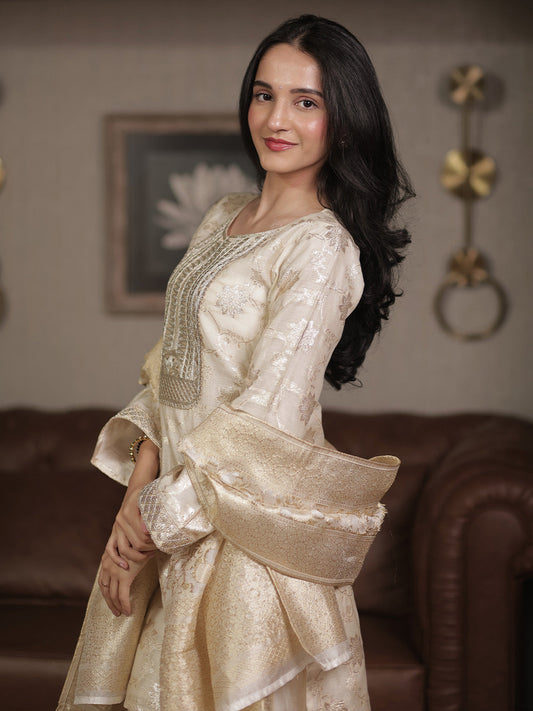 Off White Woven Design Chanderi Silk Straight Suit With Dupatta