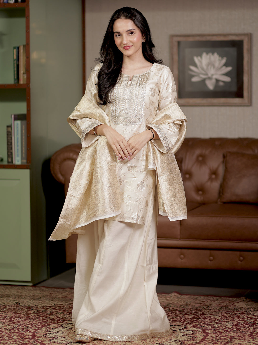 Off White Woven Design Chanderi Silk Straight Suit With Dupatta