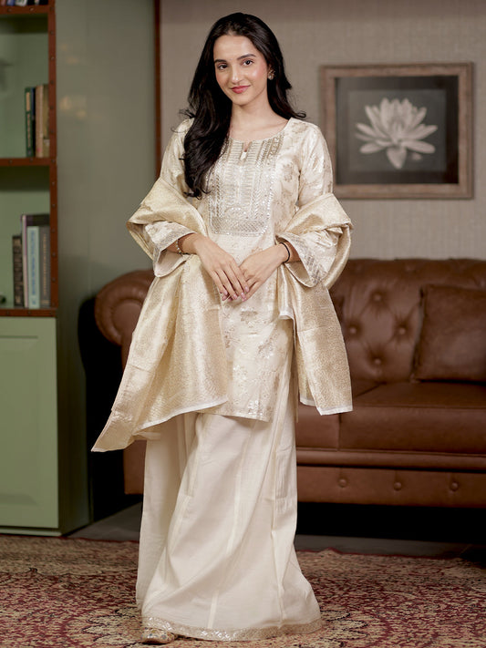 Off White Woven Design Chanderi Silk Straight Suit With Dupatta