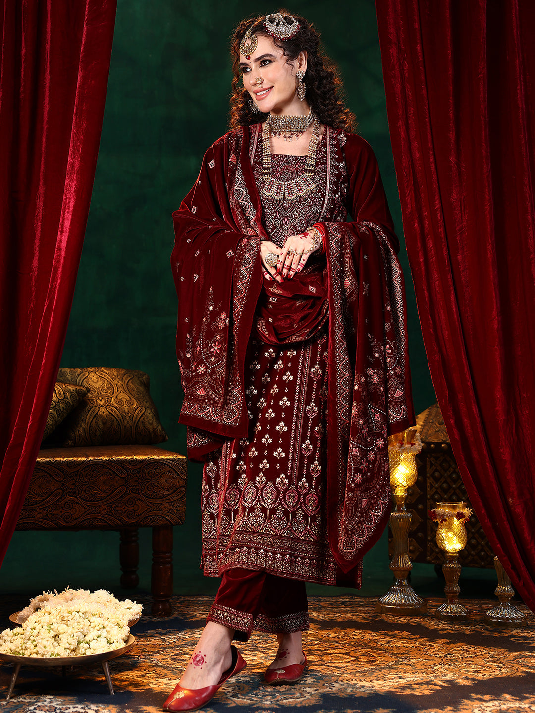 Maroon Printed Velvet Straight Suit With Dupatta