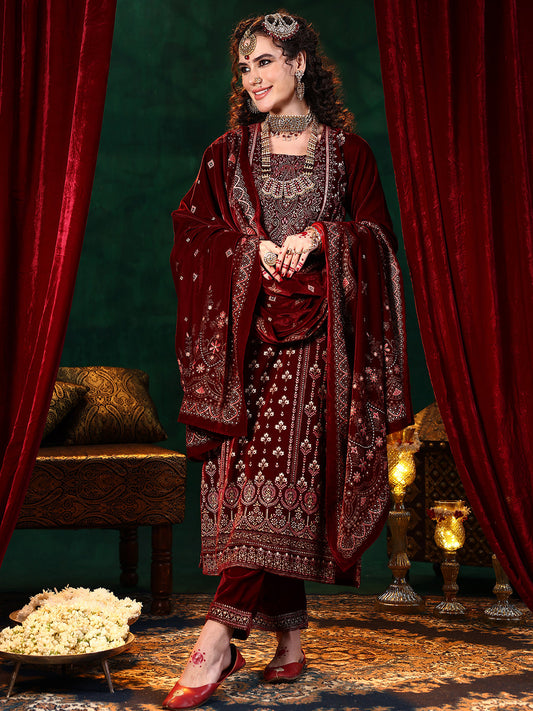 Maroon Printed Velvet Straight Suit With Dupatta