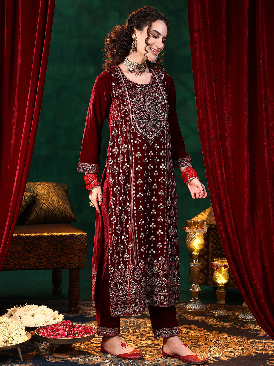 Maroon Printed Velvet Straight Suit With Dupatta