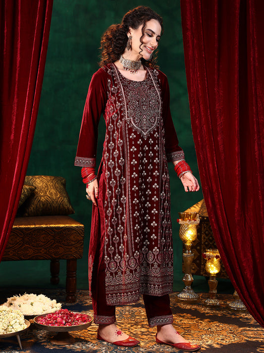 Maroon Printed Velvet Straight Suit With Dupatta