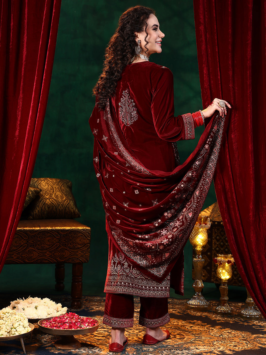 Maroon Printed Velvet Straight Suit With Dupatta