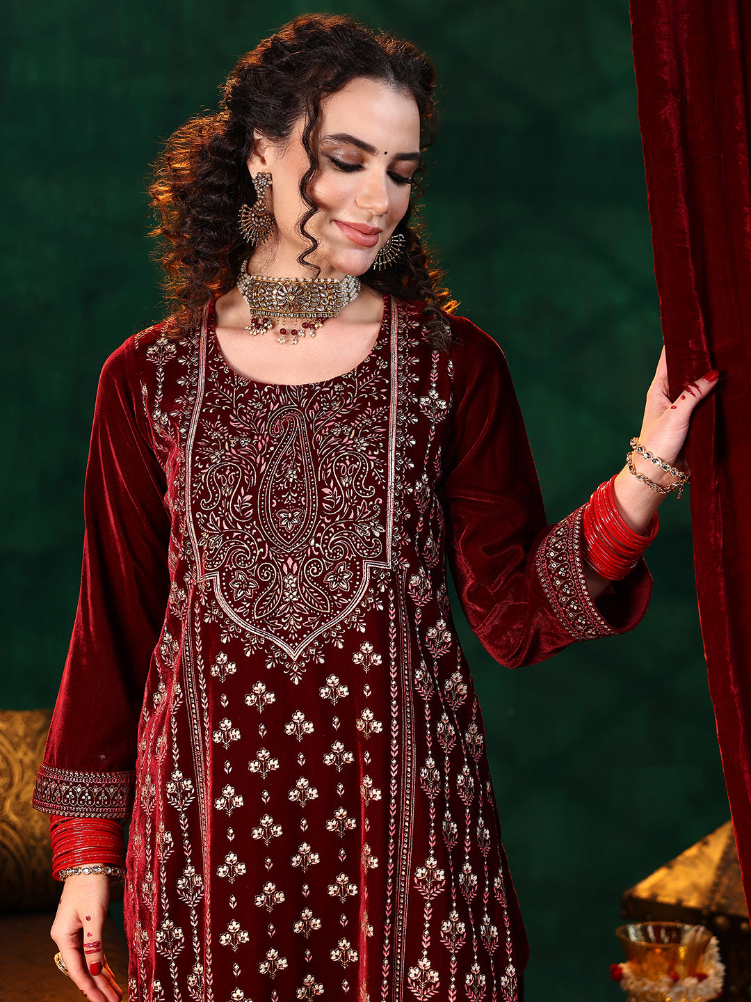Maroon Printed Velvet Straight Suit With Dupatta