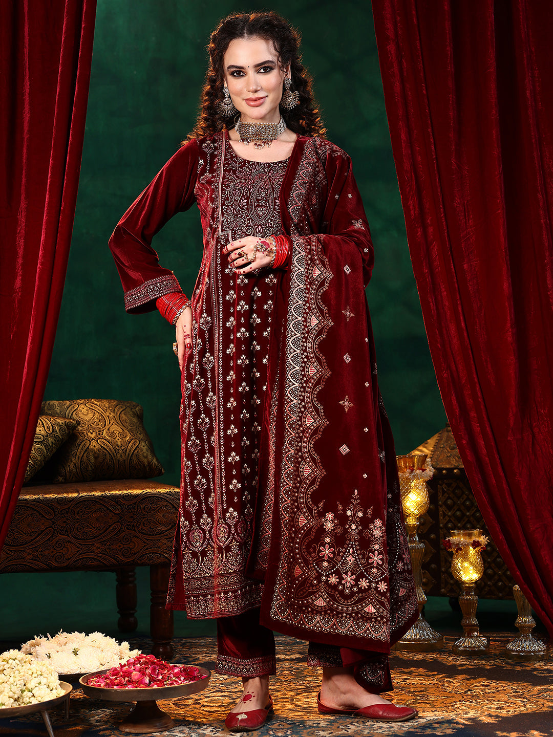 Maroon Printed Velvet Straight Suit With Dupatta