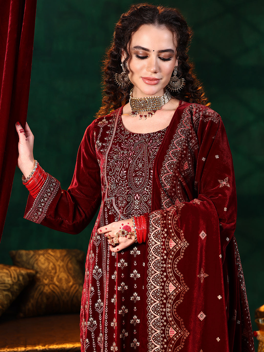 Maroon Printed Velvet Straight Suit With Dupatta