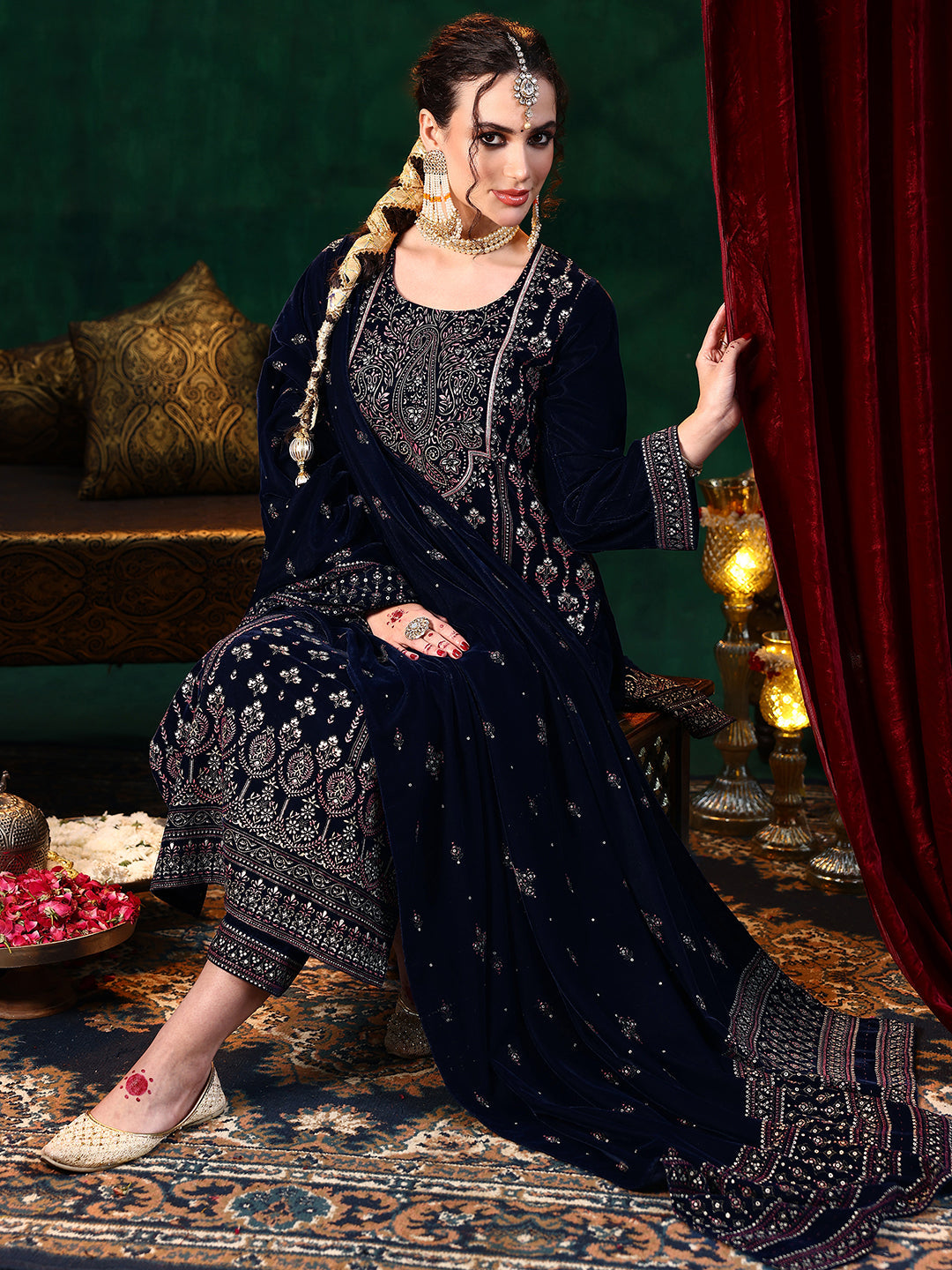 Blue Printed Velvet Straight Suit With Dupatta