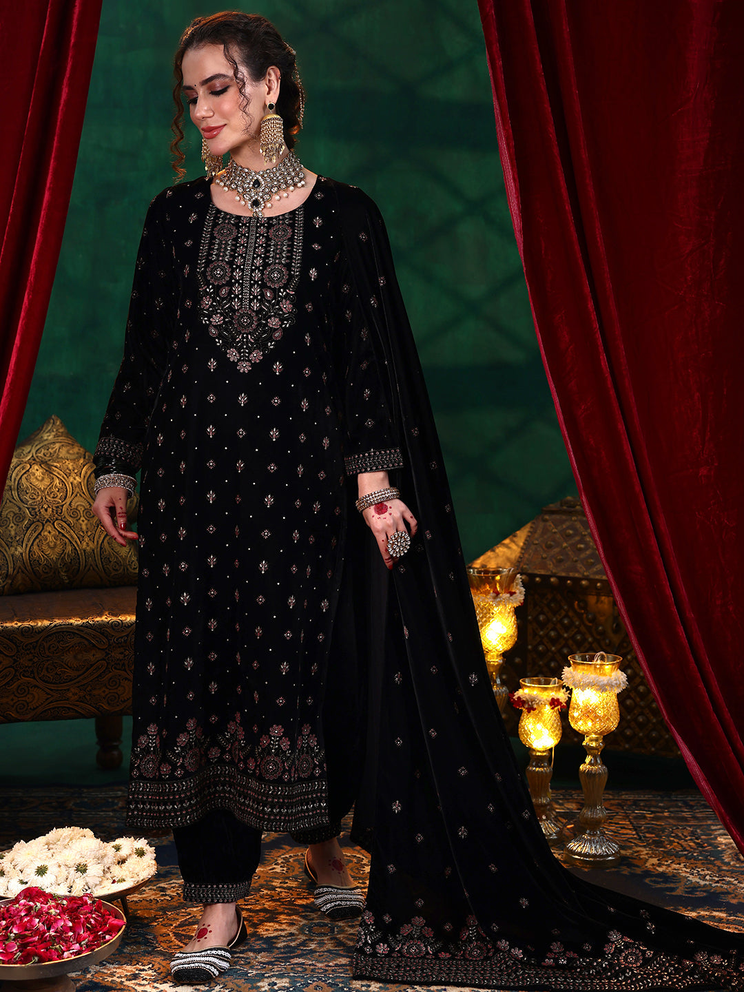 Black Embroidered Velvet Straight Suit With Dupatta
