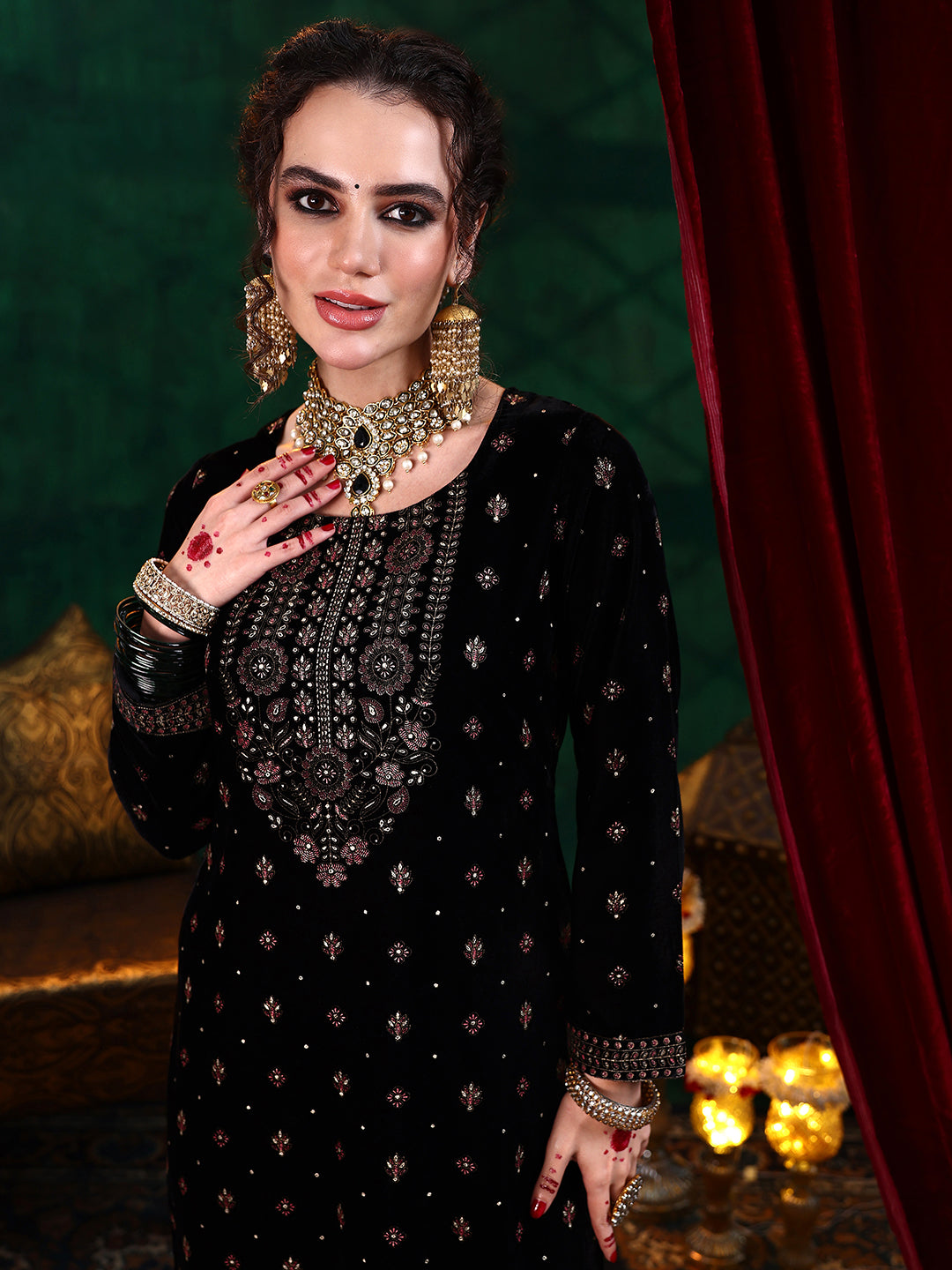 Black Embroidered Velvet Straight Suit With Dupatta