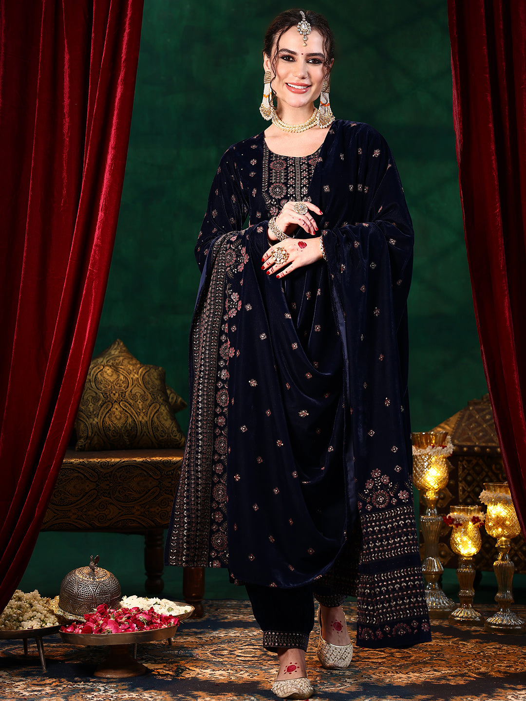 Blue Embroidered Velvet Straight Suit With Dupatta