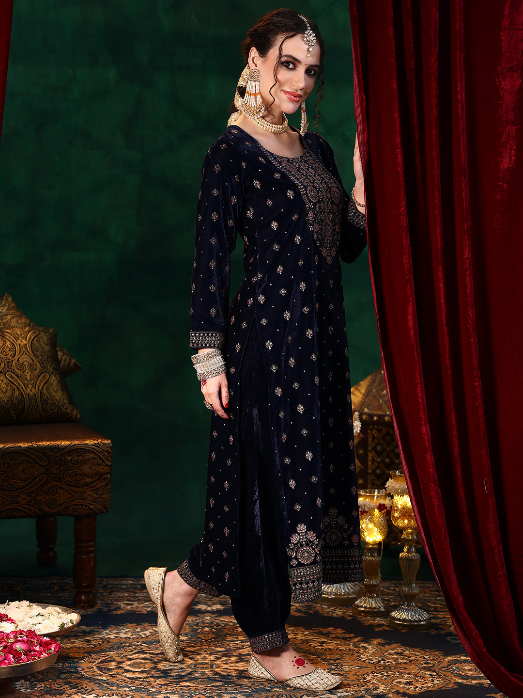 Blue Embroidered Velvet Straight Suit With Dupatta