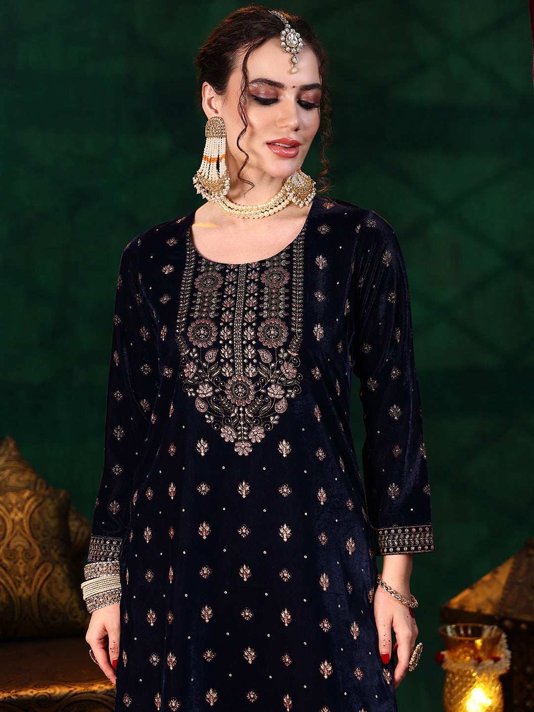 Blue Embroidered Velvet Straight Suit With Dupatta