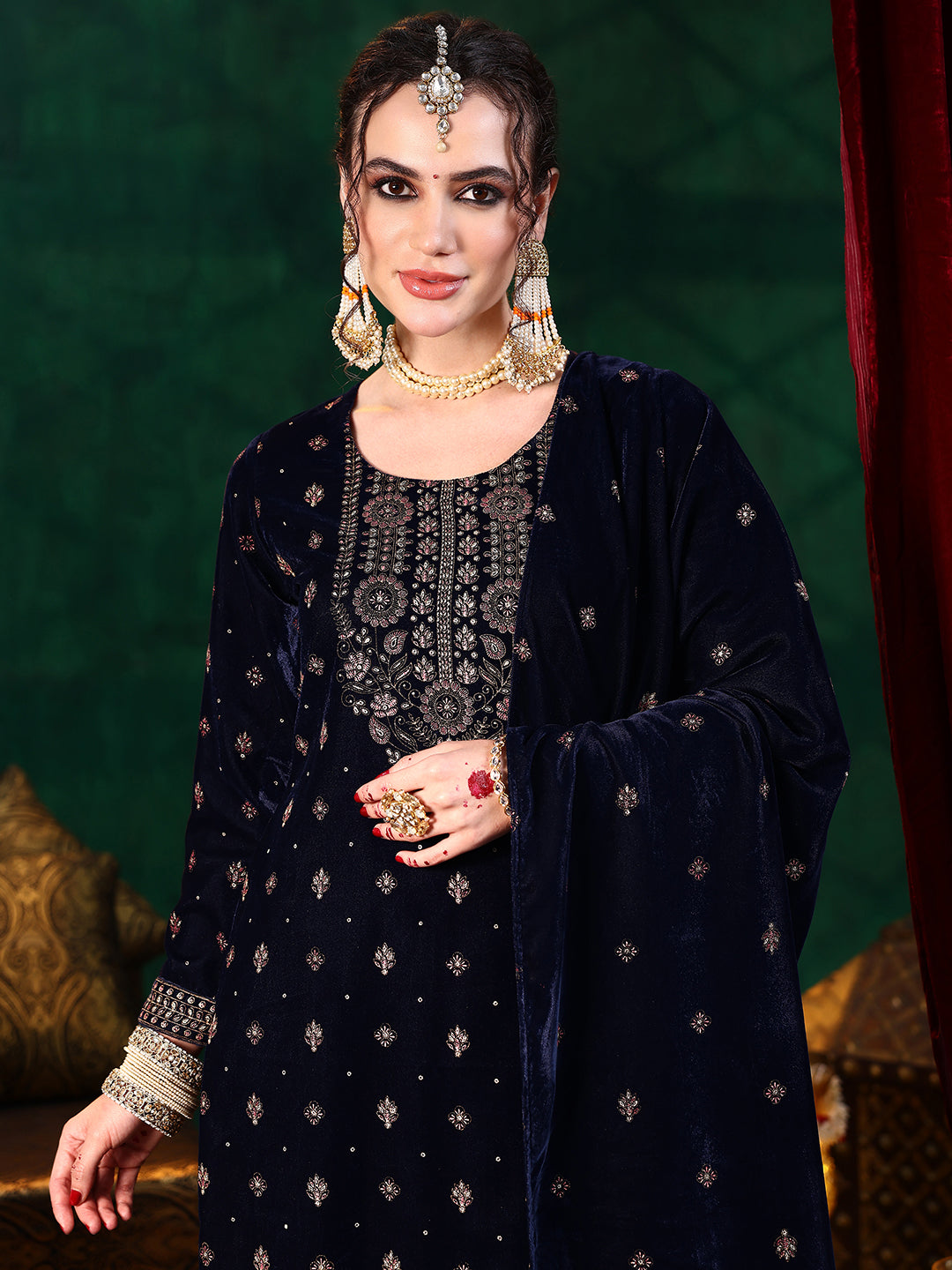 Blue Embroidered Velvet Straight Suit With Dupatta