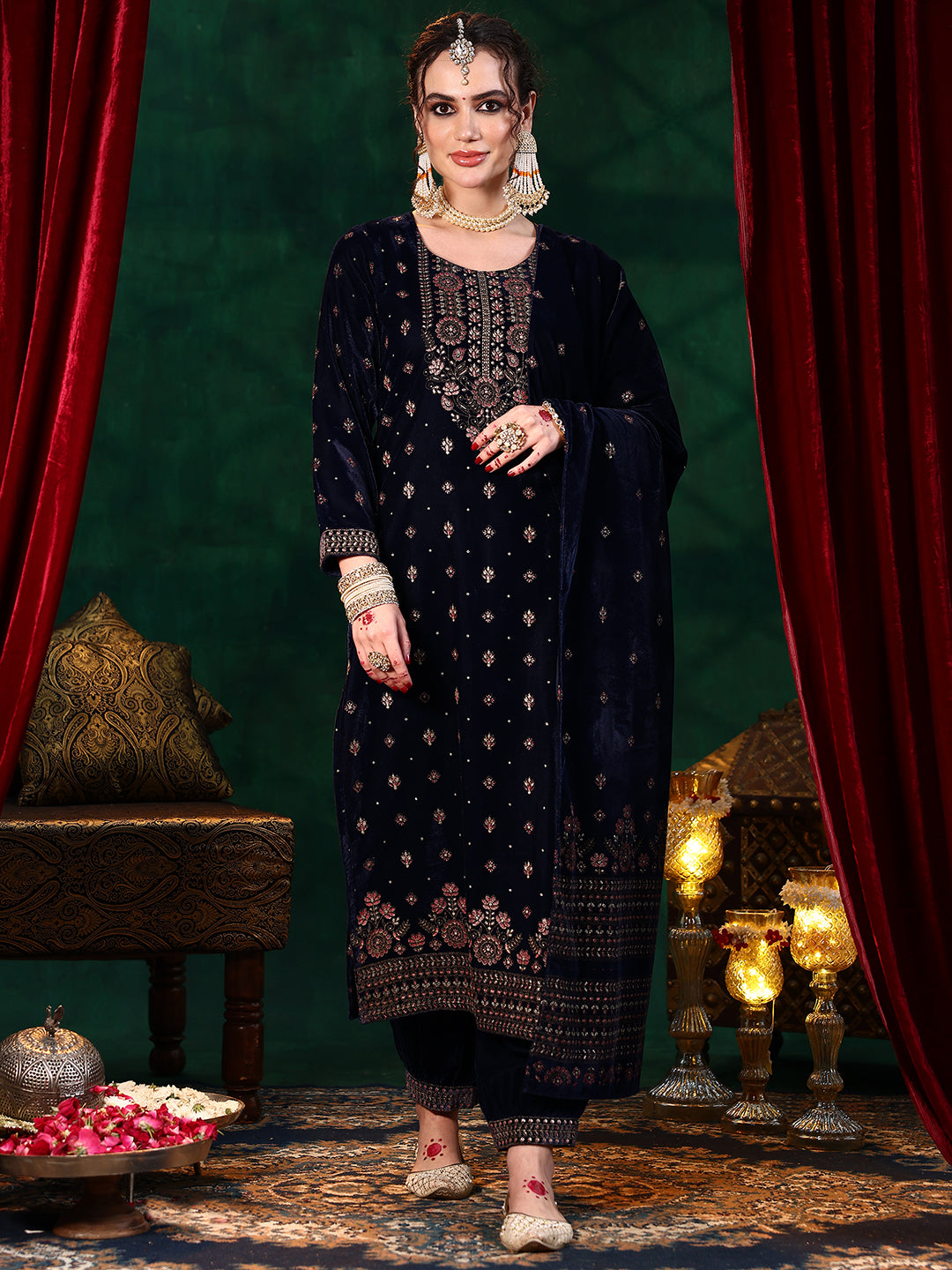 Blue Embroidered Velvet Straight Suit With Dupatta