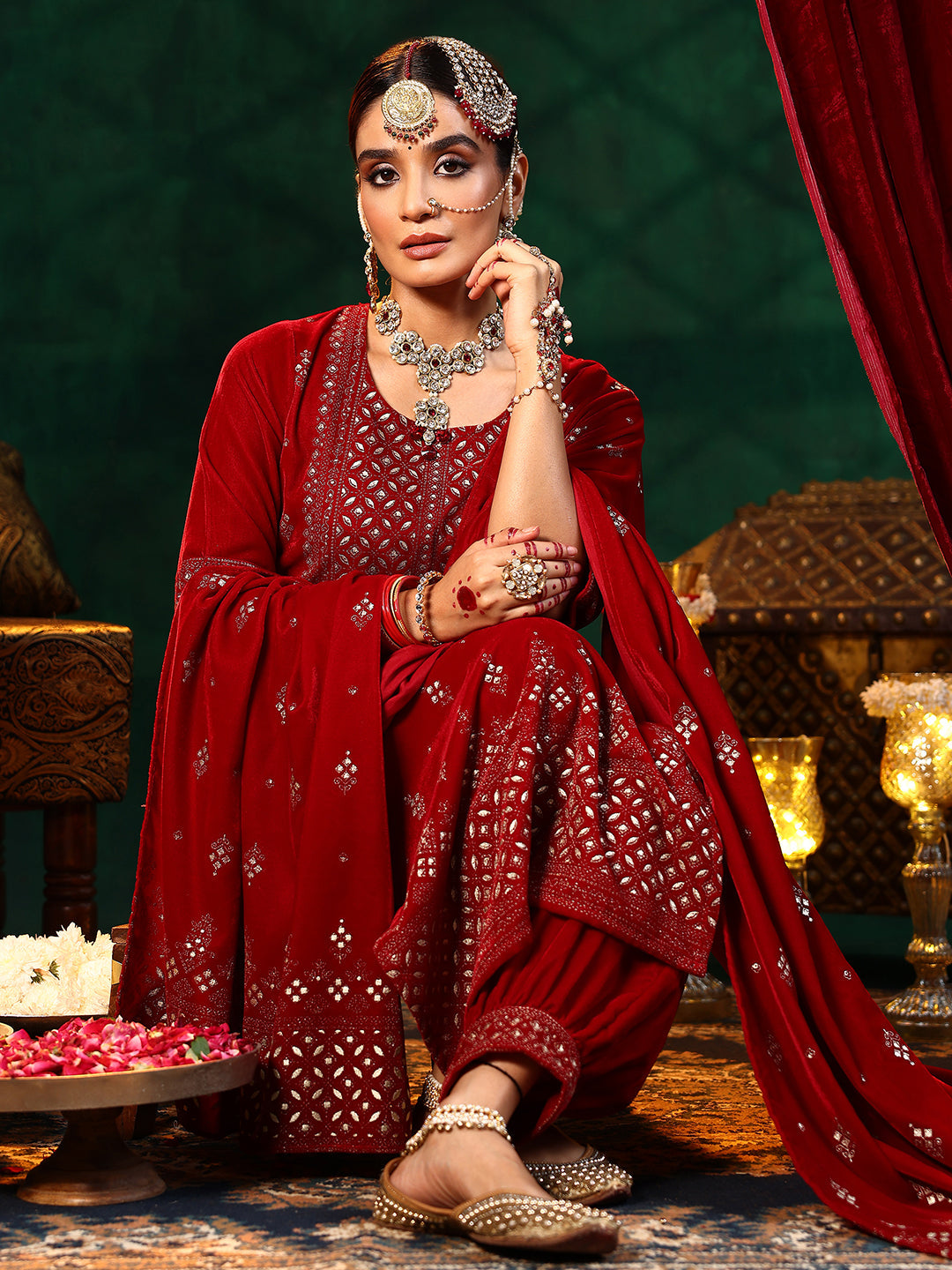 Red Embroidered Velvet Straight Suit With Dupatta