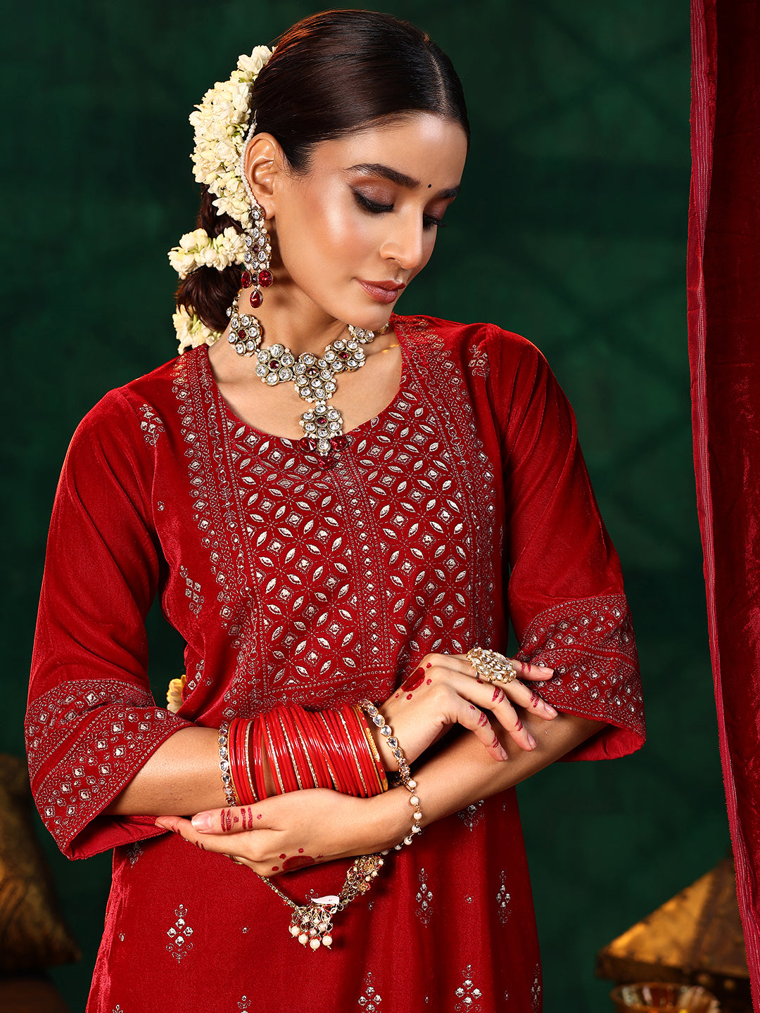 Red Embroidered Velvet Straight Suit With Dupatta